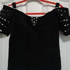 Brazen Vintage 80’s Black Bodycon Suede Leather Cold Shoulder Dress USA Goth Emo